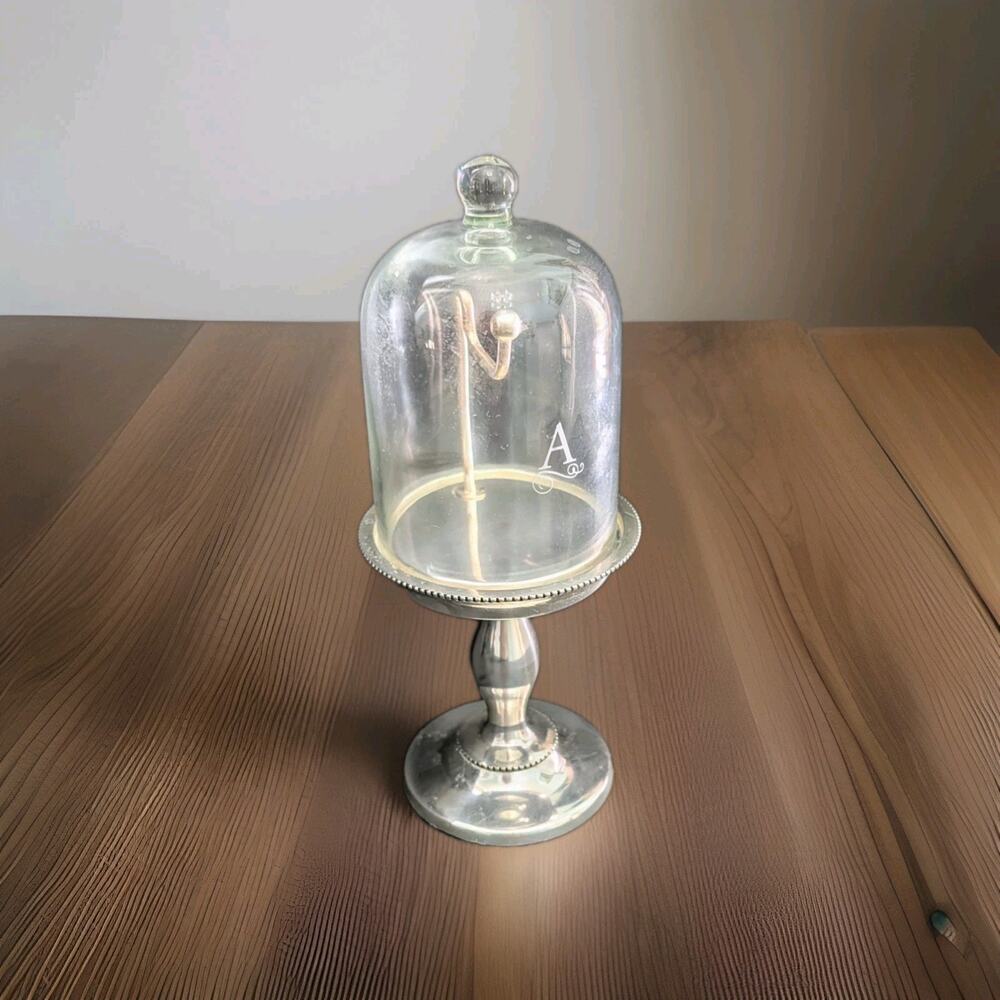Pottery Barn Glass Cloche Silver Plate Jewelry Display Watch Monogram A